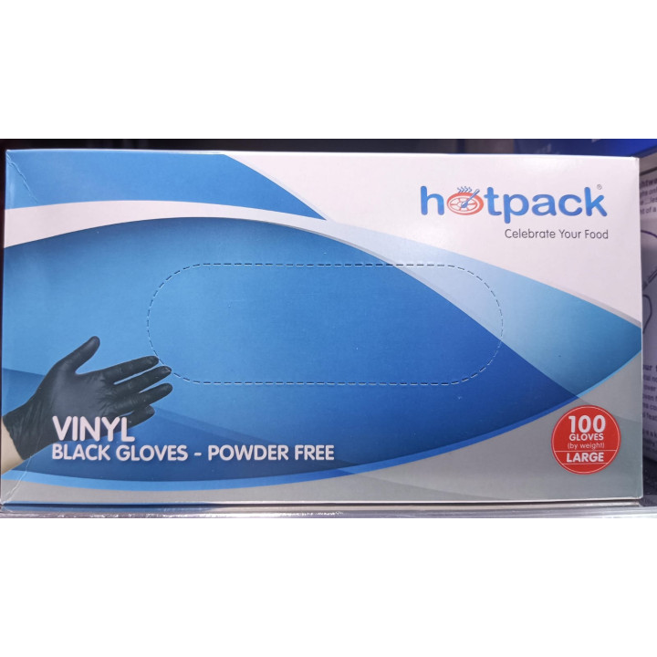 Hotpack Black Vinyl Gloves, Powder-Free, Large, 100 pcs