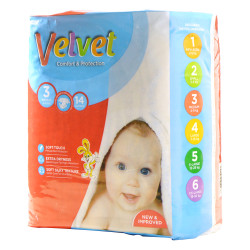 حفاضات فيلفيت #3 بوزن 4-9 كغم 14 قطعة