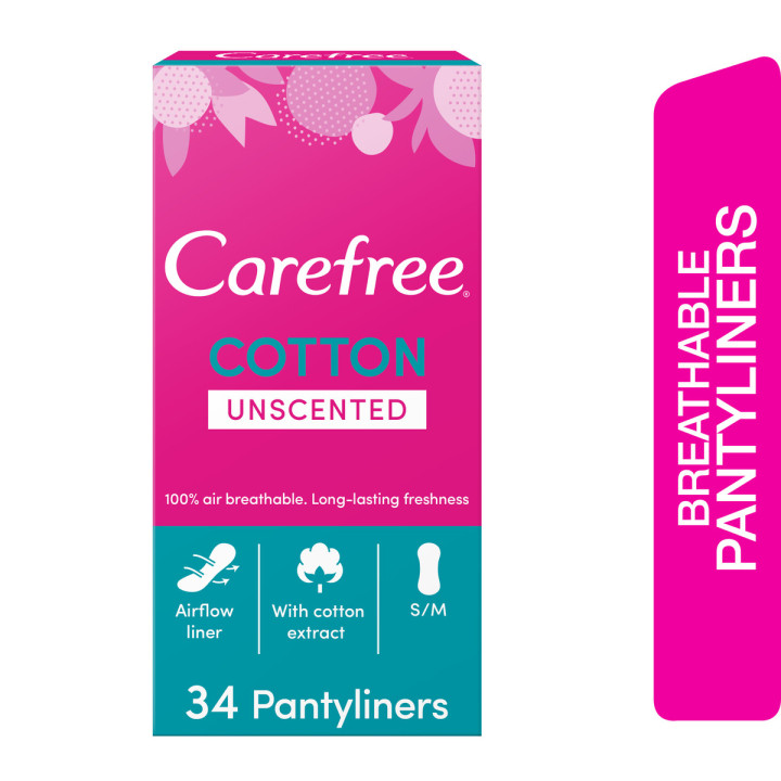 Carefree Cotton Unscented Panty Liners, 34 pcs